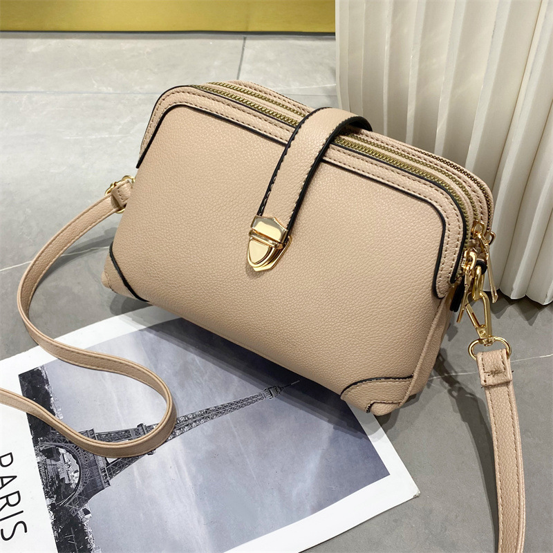 2024 New Solid Color Multi-Layer Stitching Soft Leather Texture Large Capacity Cream