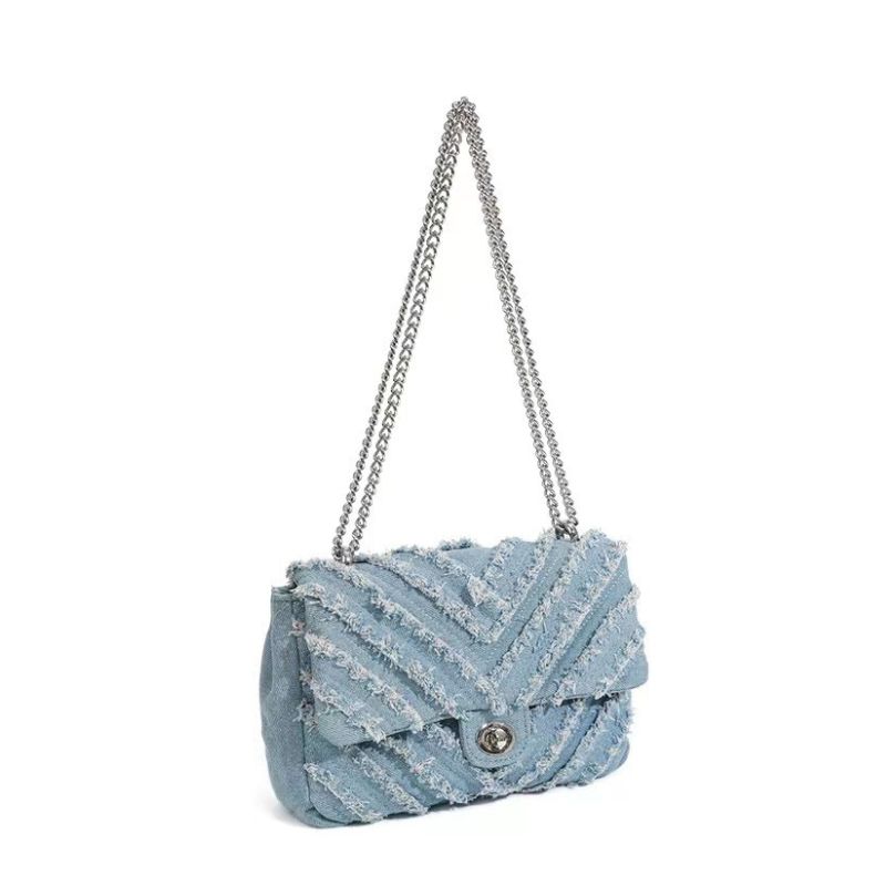 Square Blue Denim Chain Shoulder Bag - Image 4