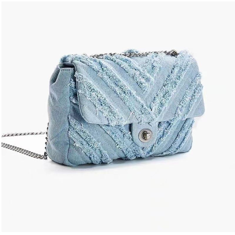 Square Blue Denim Chain Shoulder Bag