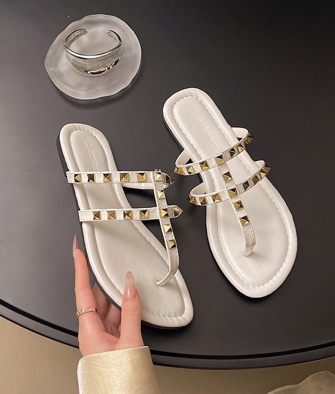 2025 Rivet Flat Bottom Cool Open Toe Women Slippers White