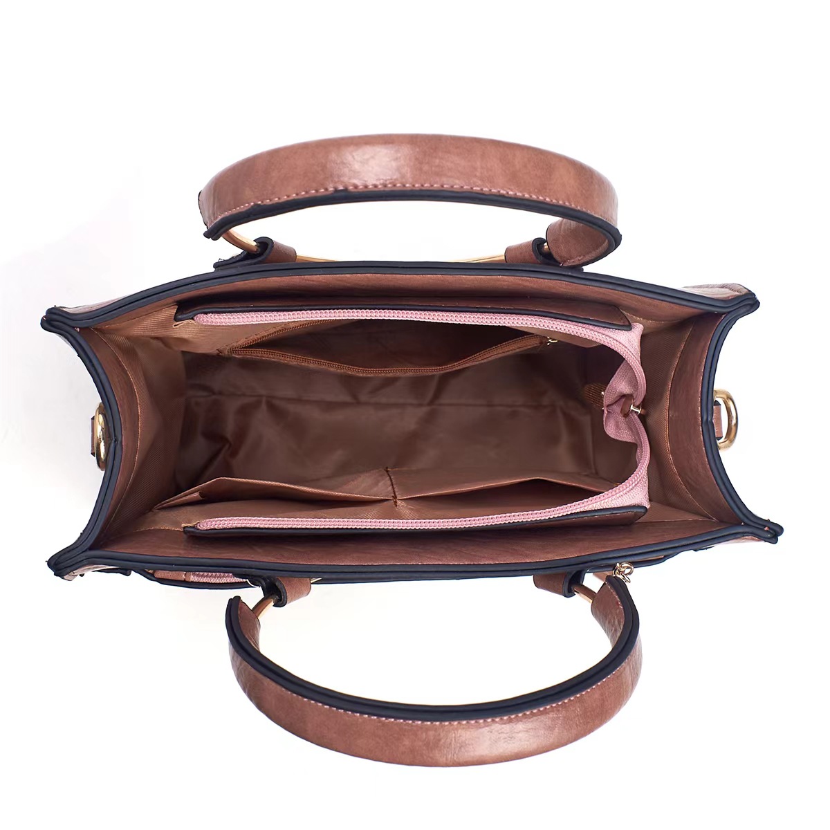 New Ladies Retro-Print Splicing Soft Leather Women Bag Black - Image 3