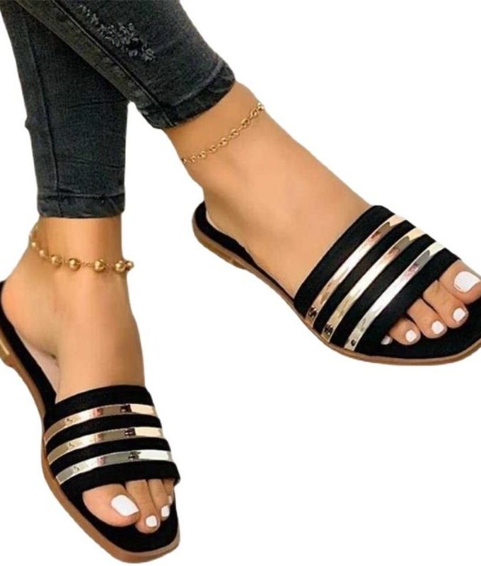 Plus Size Flat Beach Slippers For Ladies Black